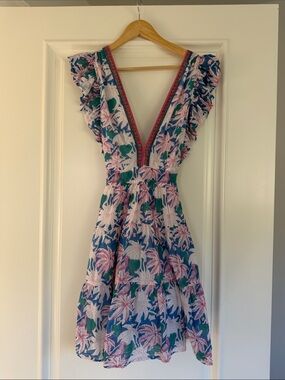 Oliphant Blue Floral V-Neck Ruffle Sleeve Dress